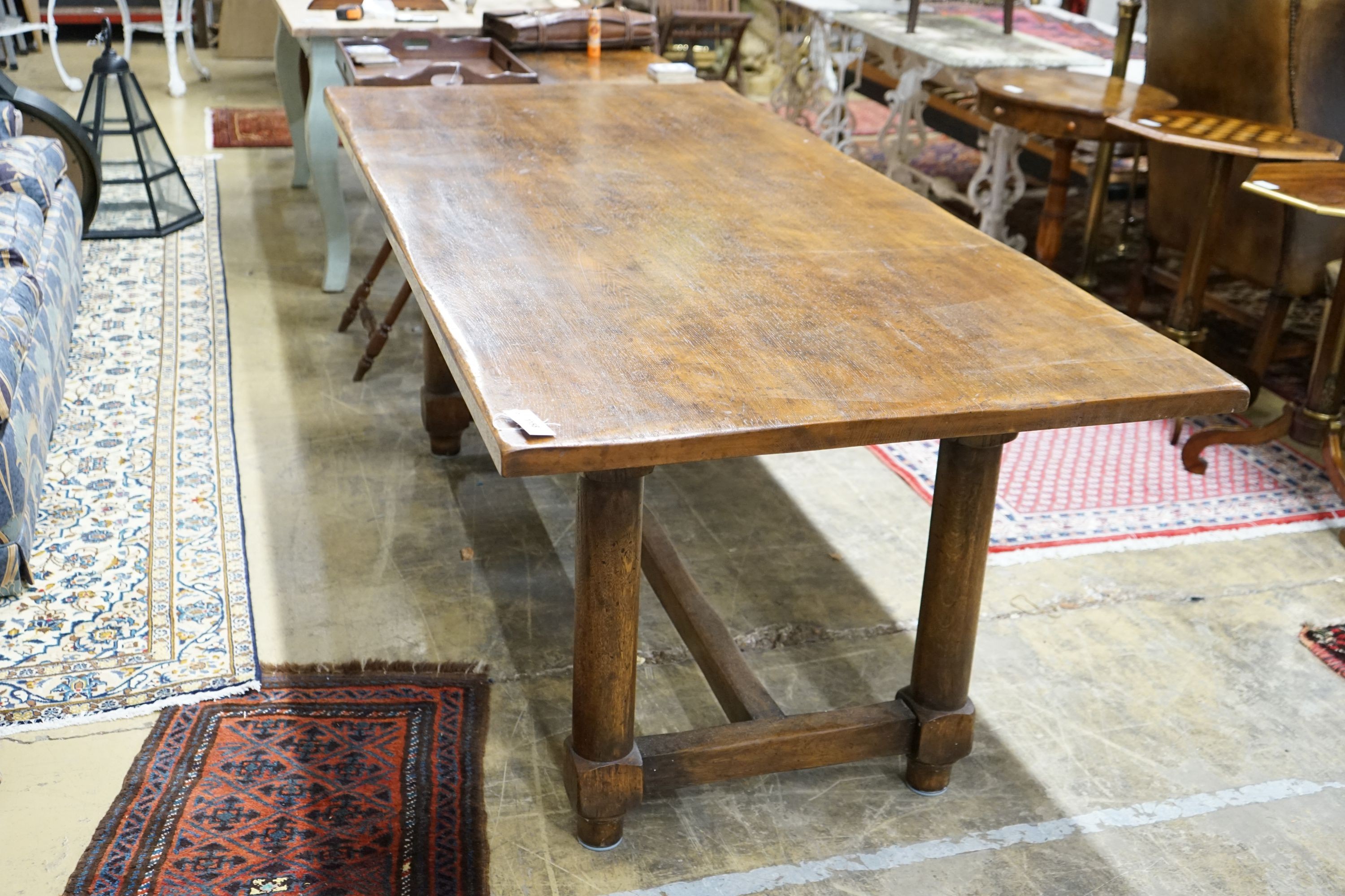 An 18th century style rectangular oak refectory dining table, length 198cm, depth 92cm, height 76cm